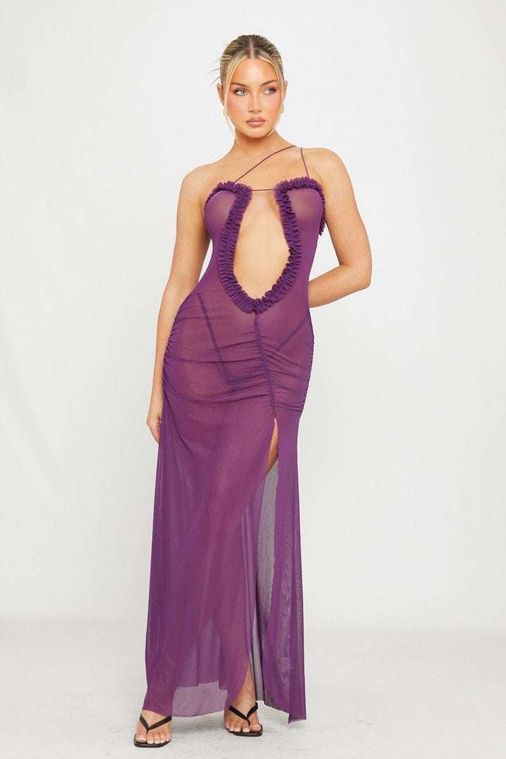 Lilafarbenes Maxikleid mit Rüschen und Netzstoff
