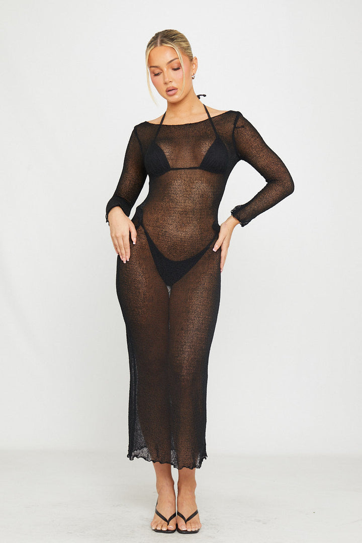Schwarzes, transparentes Strick-Maxikleid mit offenem Rücken