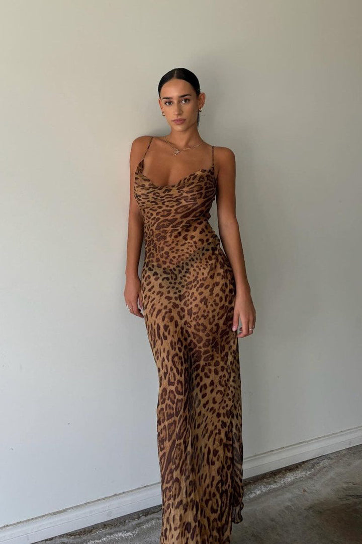 Maxikleid mit Leopardenmuster, transparentem Wasserfallausschnitt und Bindeband hinten