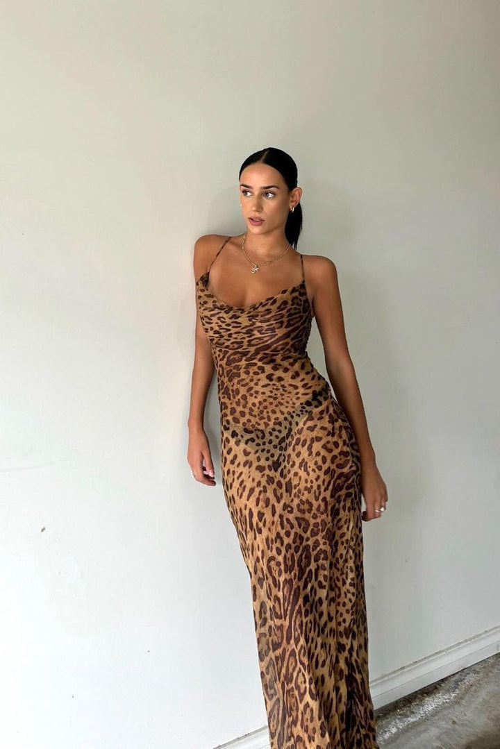 Maxikleid mit Leopardenmuster, transparentem Wasserfallausschnitt und Bindeband hinten