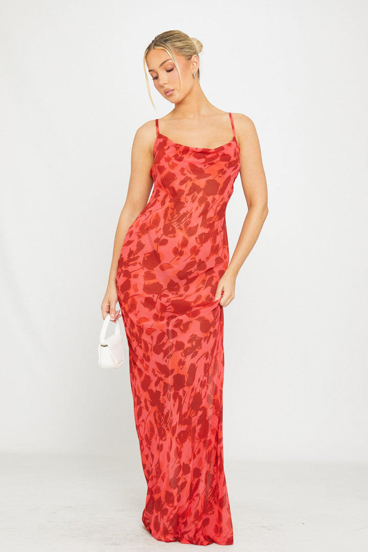 Rotes Maxikleid mit transparentem Wasserfallausschnitt und Bindeband hinten und Blumenmuster