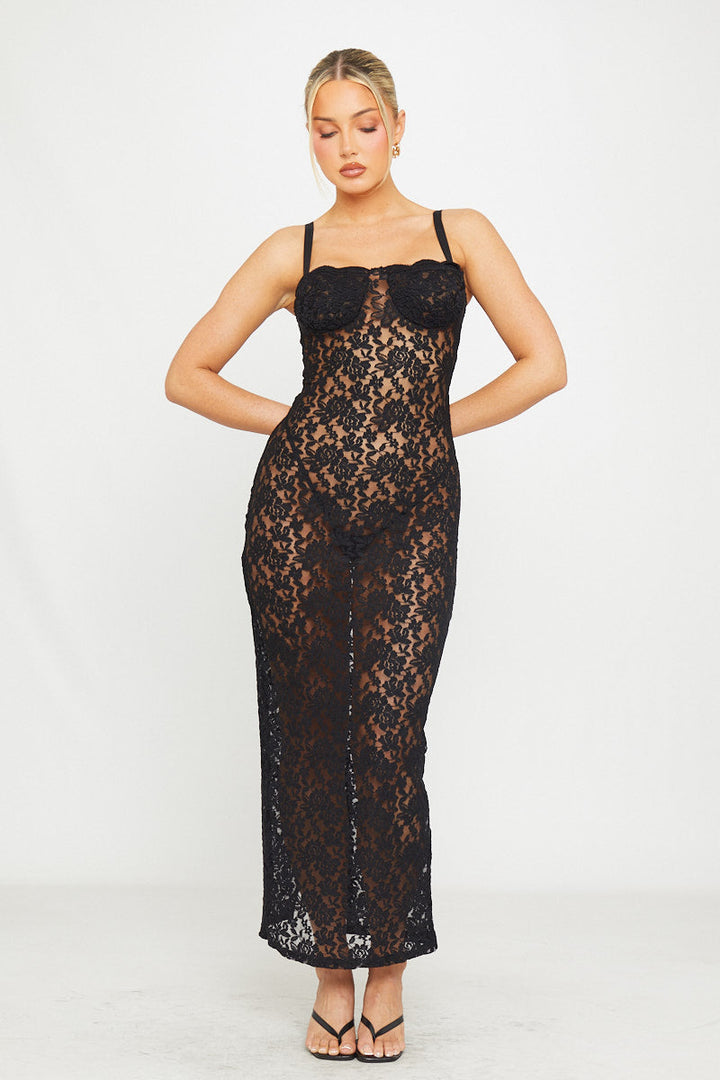 Schwarzes, figurbetontes Maxikleid mit transparenter Spitze und Bustier