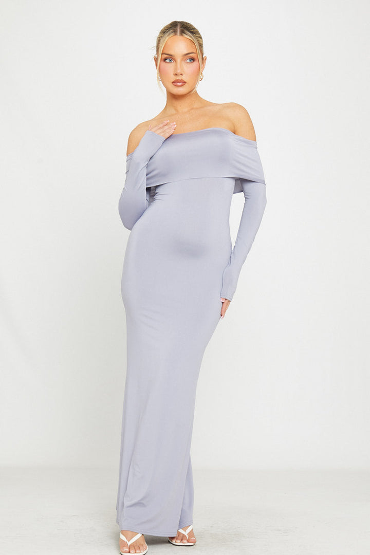 Graues, schulterfreies Maxikleid mit Umschlag und langen Ärmeln