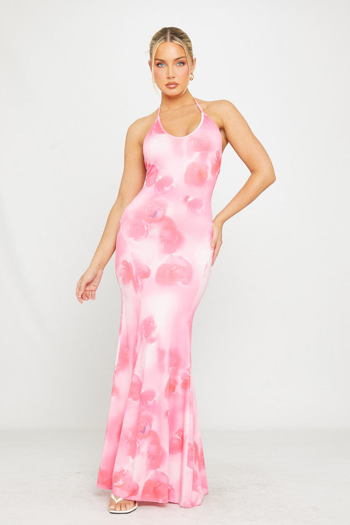 Rosa Neckholder-Maxikleid mit offenem Rücken und Blumenmuster