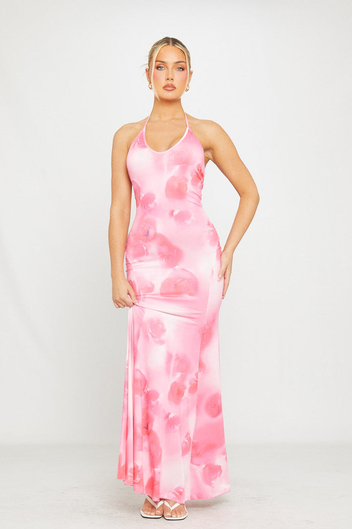 Rosa Neckholder-Maxikleid mit offenem Rücken und Blumenmuster