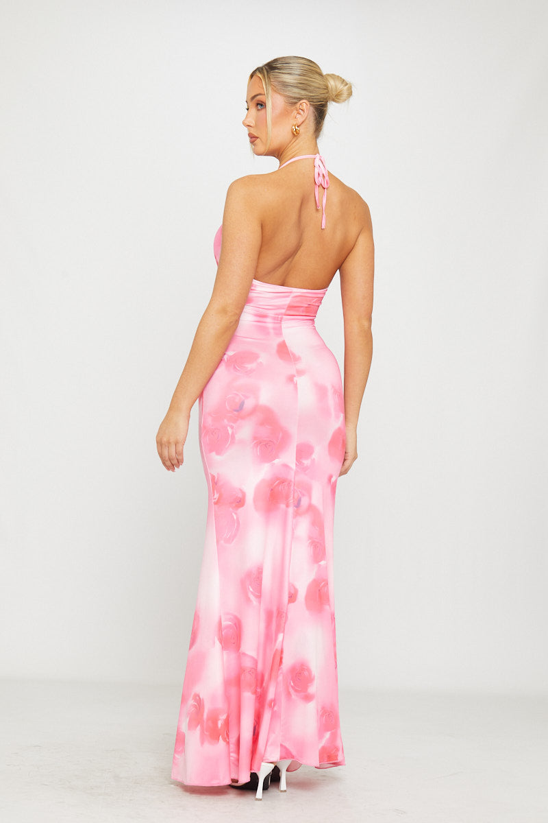 Rosa Neckholder-Maxikleid mit offenem Rücken und Blumenmuster