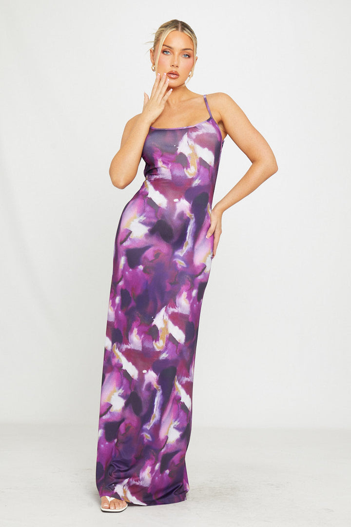 Lilafarbenes rückenfreies Maxikleid mit Blumenmuster und Trägern