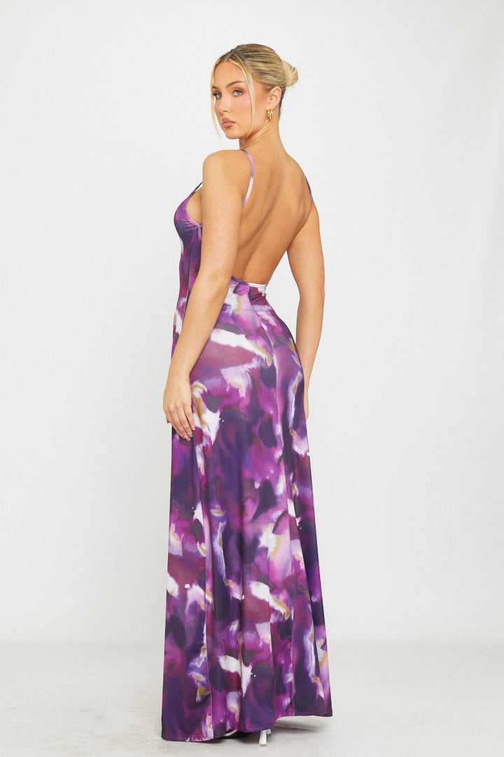 Lilafarbenes rückenfreies Maxikleid mit Blumenmuster und Trägern