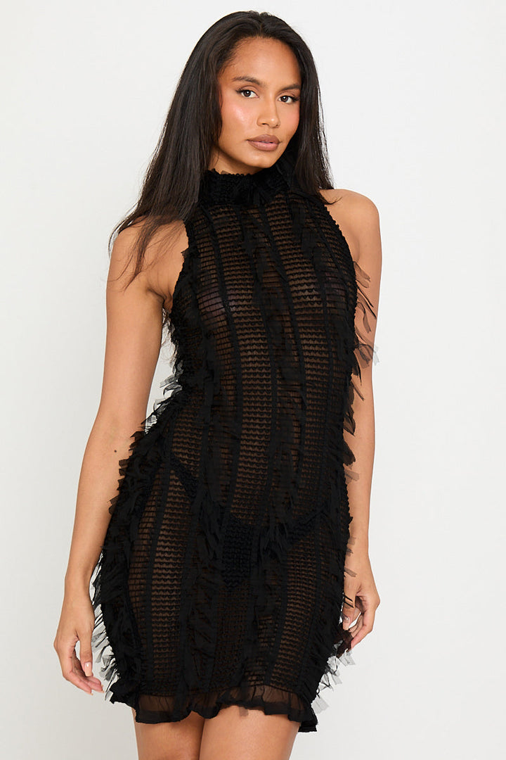 Schwarzes, transparentes, hochgeschlossenes, zotteliges Minikleid