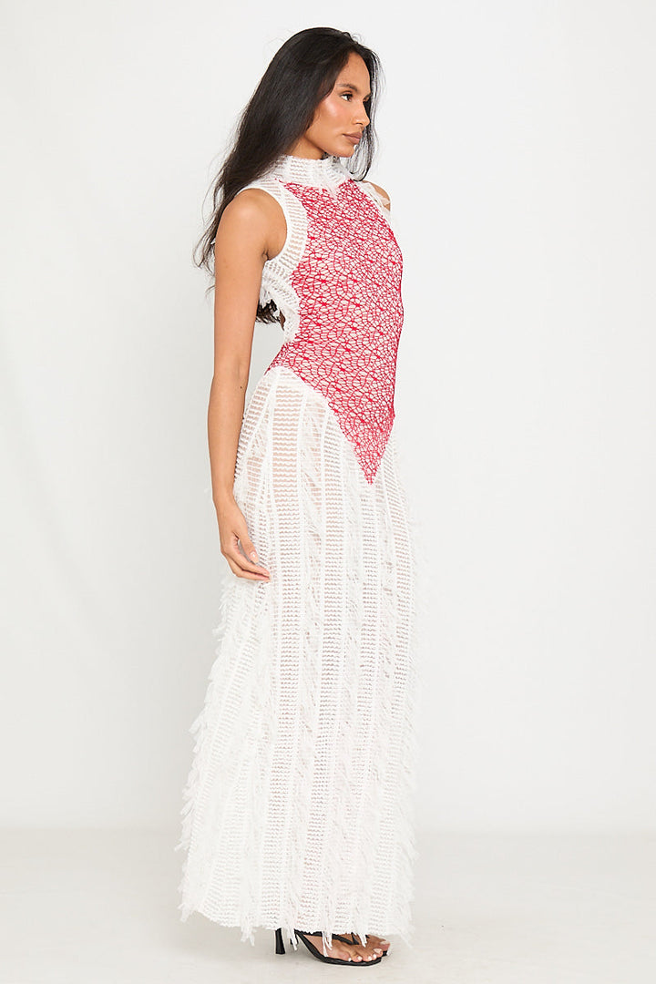 White & Red Sheer Shaggy Open Back Maxi Dress