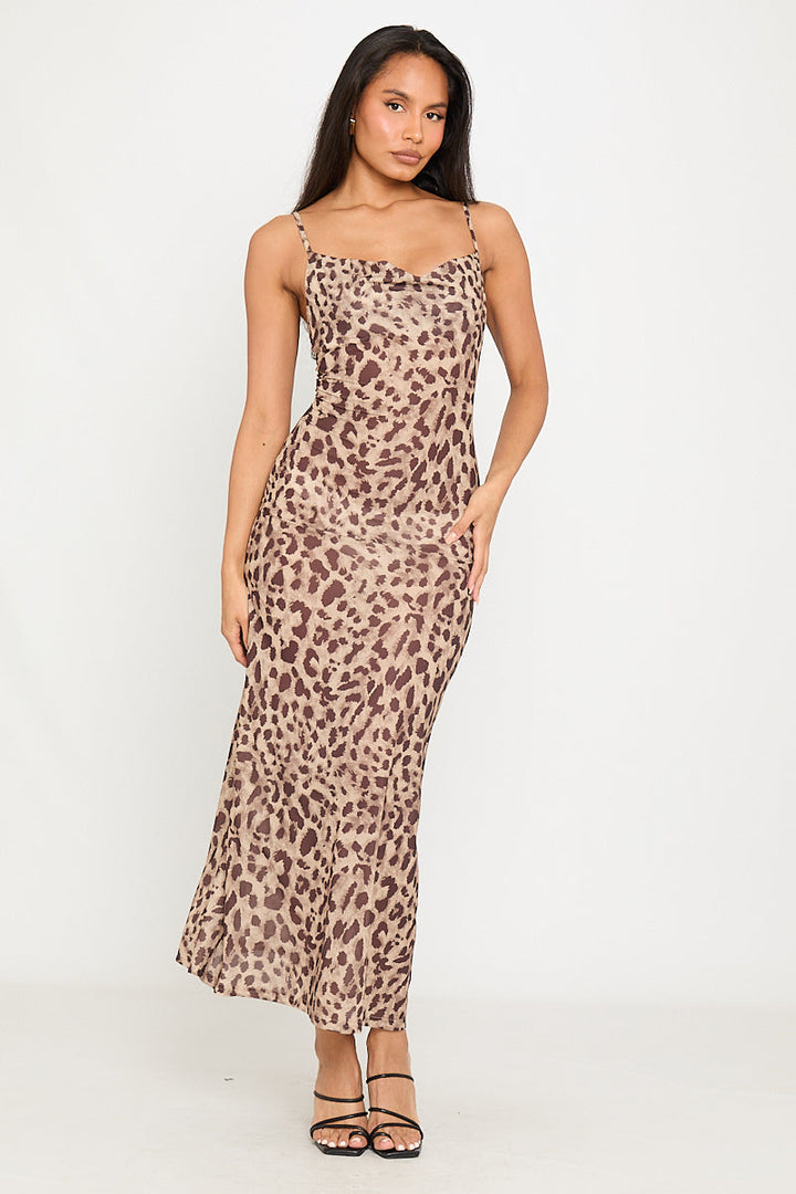 Maxikleid mit Leopardenmuster, Wasserfallausschnitt und Riemchen