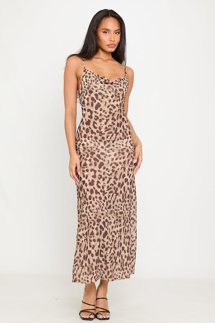 Maxikleid mit Leopardenmuster, Wasserfallausschnitt und Riemchen