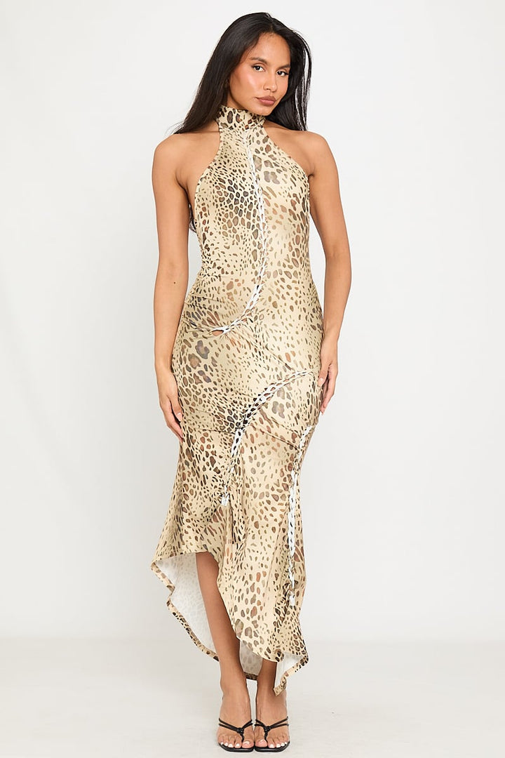 Maxikleid mit Leopardenmuster, hohem Halsausschnitt und offenem Rücken