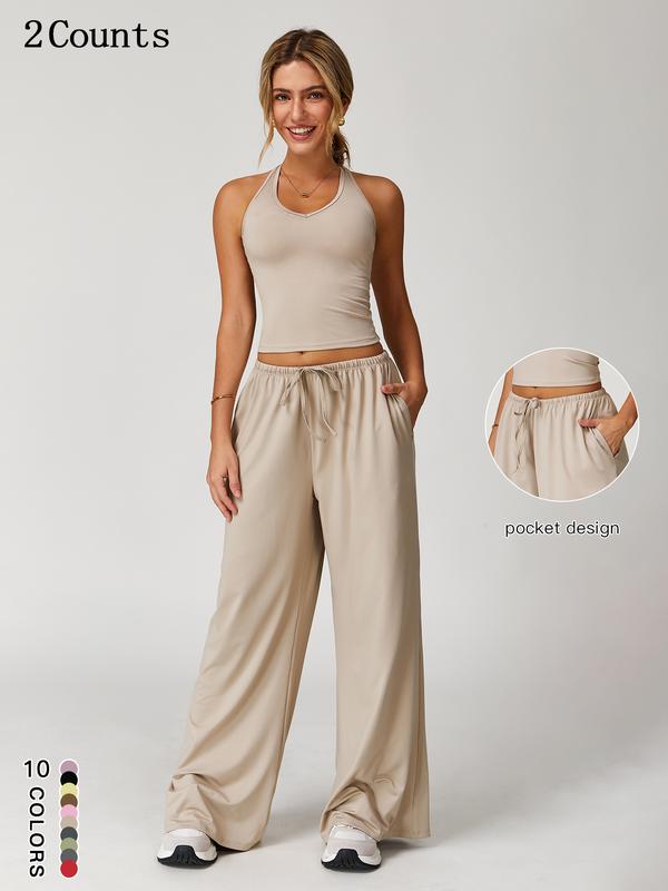 Women's 2-Piece Set – Halter Top &amp; Wide Leg Trousers with Pockets