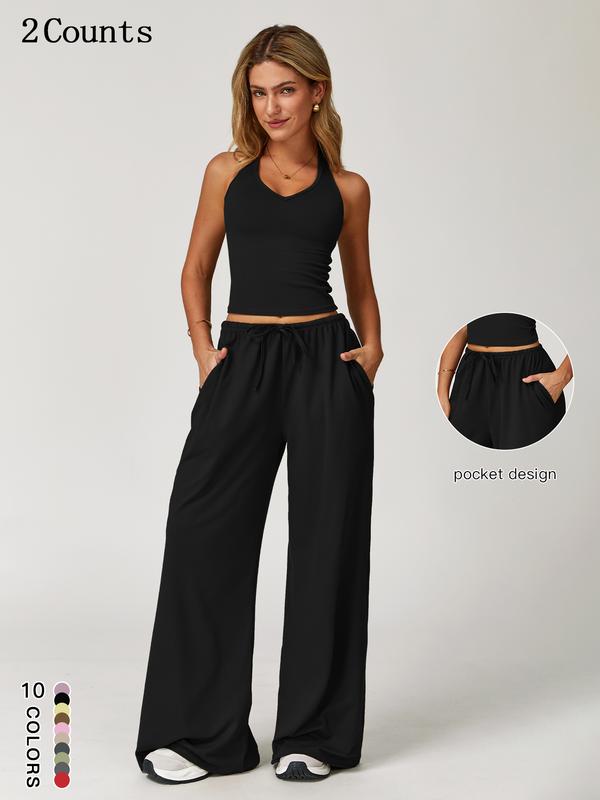 Women's 2-Piece Set – Halter Top &amp; Wide Leg Trousers with Pockets