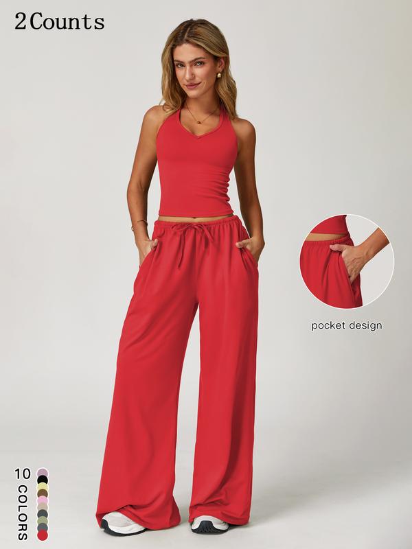Women's 2-Piece Set – Halter Top &amp; Wide Leg Trousers with Pockets